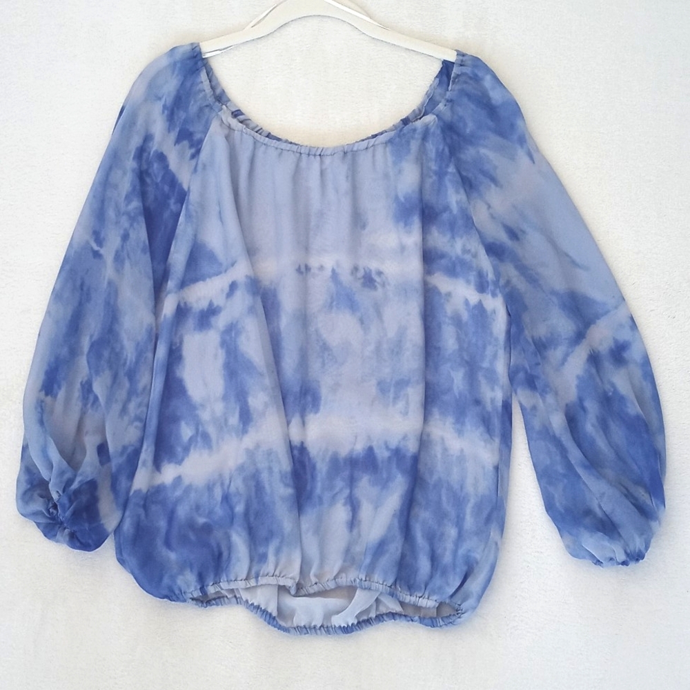 Kenar Women's Sky Blue White Tie Dye 3/4 Balloon Sleeve Semi Sheer Blouse M - Picture 7 of 9